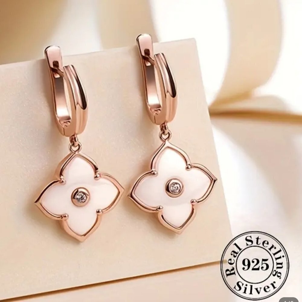 Sterling 925 Silver Jewelry White Flower Design Dangle Earrings